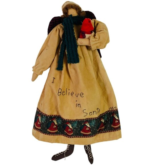 Primitive Christmas Angel Rag Doll Folk Art Handmade Signed VTG Rustic Country - Picture 3 of 16